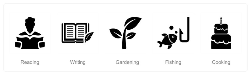 A set of 5 Hobby icons as reading, writing, gardening