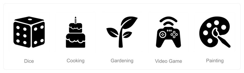 A set of 5 Hobby icons as dice, cooking, video game