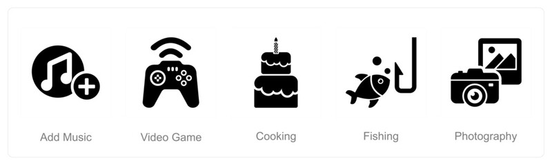 A set of 5 Hobby icons as add music, video game, cooking