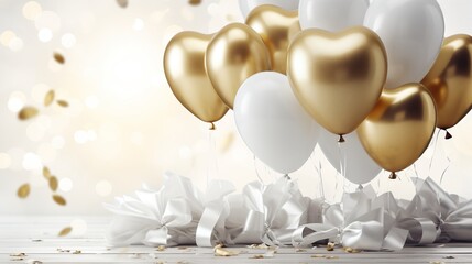 Golden and white metallic balloons with confetti and ribbons on blurred background for celebrations