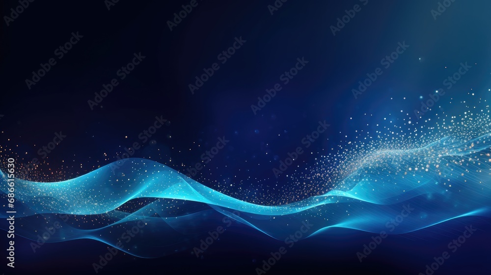 Poster abstract lines waves flow with blue glowing particles for biotechnology, chemistry, technology and s