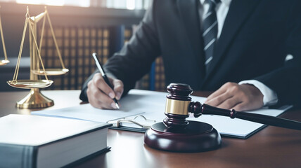 Lawyer hand holding pen and providing legal consult business dispute service at the office with justice scale and gavel hammer.

