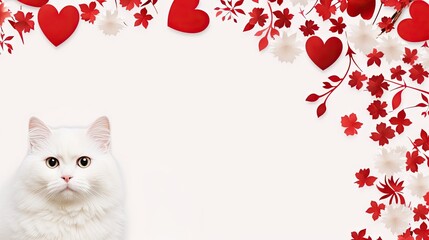 Fluffy white cat among red hearts and flowers