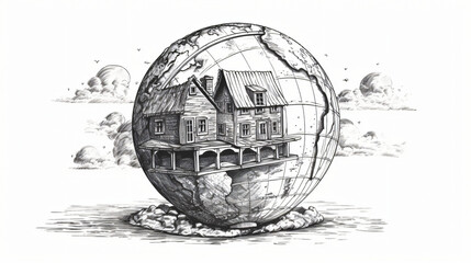 The globe is drawn with a pen