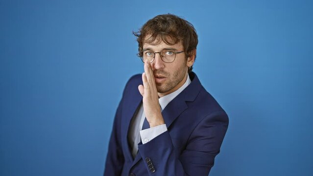 Young adult in formal suit spiling secrets, blond business man whisper-talking gossip-side portrait isolated on blue