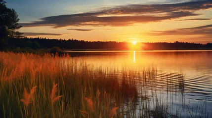 Fototapeten The sun is setting over a lake with tall grass © Cybonix