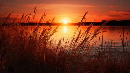 The sun is setting over a lake with tall grass - obrazy, fototapety, plakaty
