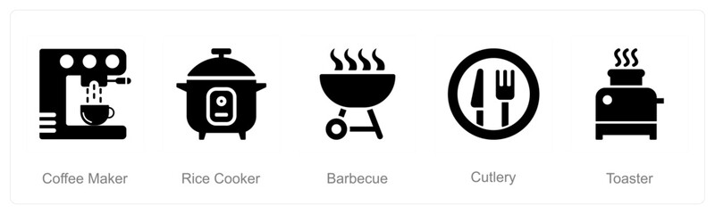 A set of 5 Home Appliance icons as coffee maker, rice cooker, barbecue