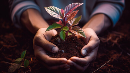 Hands planting seedling in fertile soil, Surrounded by natural green background, Highlight nurturing aspect and beginning of new life, AI Generated - obrazy, fototapety, plakaty