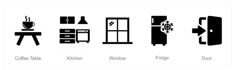 A set of 5 Home Interior icons as coffee table, kitchen, window