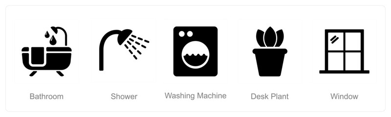 A set of 5 Home Interior icons as bathroom, shower, washing machine