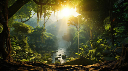 The sun shines through the trees in the jungle