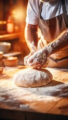 Skilled baker carefully kneading dough for baking bread in bakery with blurred background - obrazy, fototapety, plakaty
