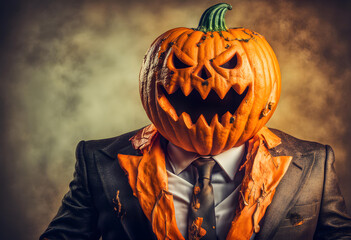 A man in a suit and tie with a pumpkin on his head Halloween HD Wallpaper