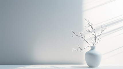 White vase with flower and tree on table, Minimalist composition showcasing brilliance of soft light, AI Generated