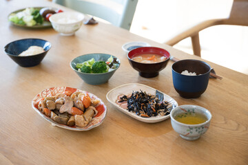 Japanese Breakfast of One Soup and Three Vegetables