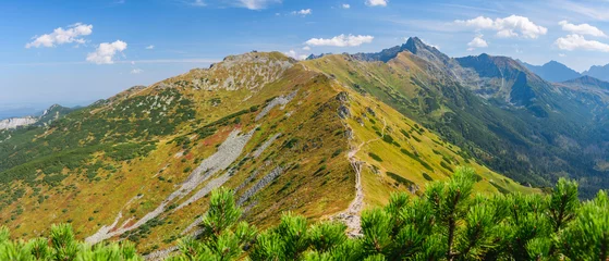 Papier Peint photo Tatras Polish Tatra Mountains, high mountain hiking trail leading to mountain peaks, mountain landscape with valleys and slopes, view on a sunny summer day.