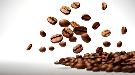 Coffee beans float on a light background, levitation.