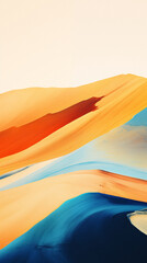 Fototapeta na wymiar An abstract landscape of colorful hills in shades of blue, orange and white. The hills have a smooth texture and are layered. Dreamy, minimalist and surreal mood.