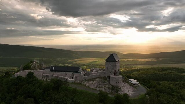 Aerial view of Regec Castle in Hungary - sunset