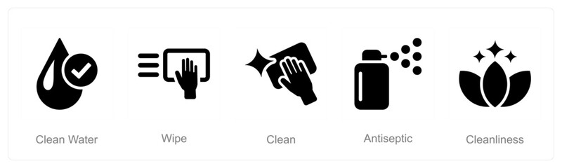 A set of 5 Hygiene icons as clean water, wipe, clean