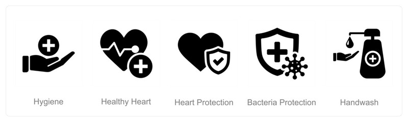 A set of 5 Hygiene icons as hygiene, healthy heart, heart protection