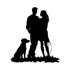 Silhouette of a couple walking their dog, vector illustration isolated on white background. family with dog