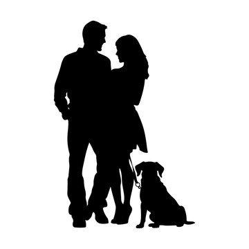 Silhouette of a couple walking their dog, vector illustration isolated on white background. family with dog