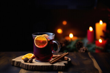 Mulled wine with spices on a wooden table in front of a candles.