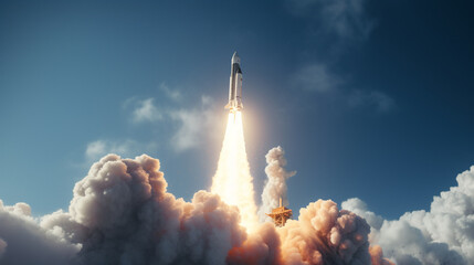 Cinematic style capture of space rocket launch, Focusing on drama and magnitude of event with...