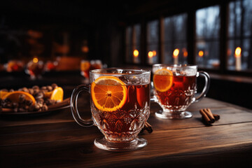 Mulled tea with orange and cinnamon in a glass cup on a wooden table.