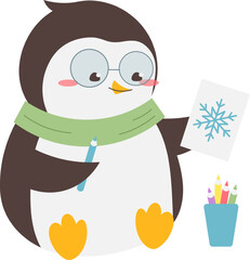 Cute penguin in glasses with pencil and paper draws snowflake. Vector illustration in flat style