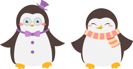 Pair of kawaii penguins, girl in pink scarf, boy with bow tie and top hat. Vector illustration in flat style