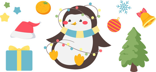 New Year, Christmas set for kids. Kawaii penguin with garland, bell, gift, Santa hat, snowflakes. Vector illustration in flat style