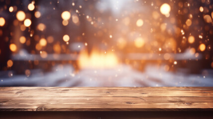 Empty wooden plank table top with festive fireworks, bokeh light background in the sky party holiday celebration.