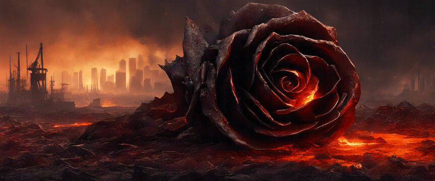 Krieg zerstört die Liebe. Große, brennende Rose im Vordergrund. Zerstörte, brennende Stadt im Hintergrund.