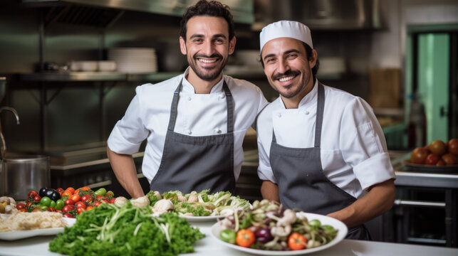 cooking, profession and people concept - happy male chef and cook at restaurant kitchen