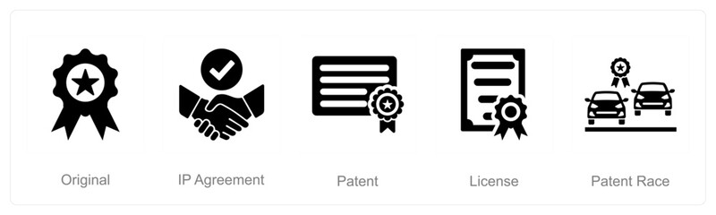 A set of 5 Intellectual Property icons as original, ip agreement, patent - obrazy, fototapety, plakaty