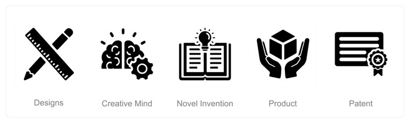 A set of 5 Intellectual Property icons as designs, creative mind, novel invention