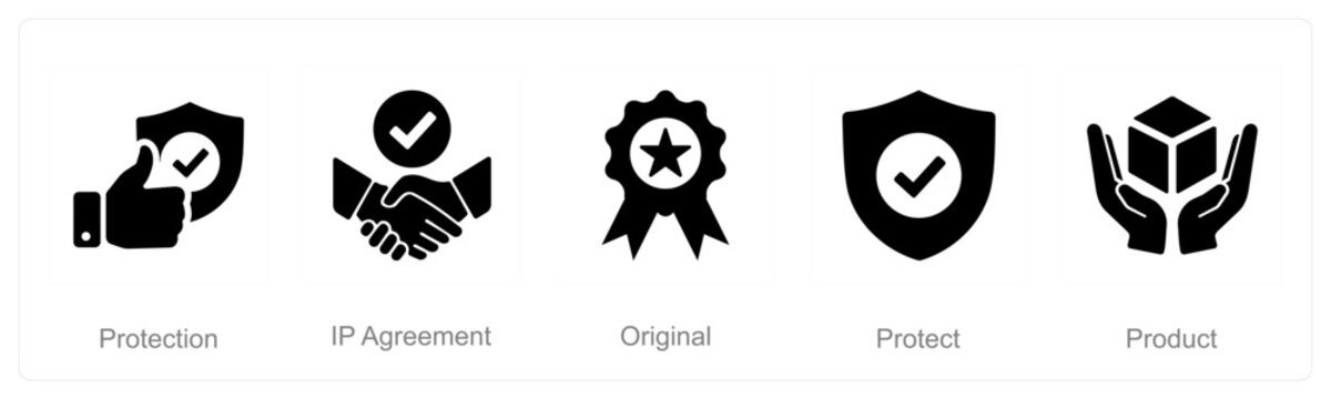 A set of 5 Intellectual Property icons as protection, ip agreement, original