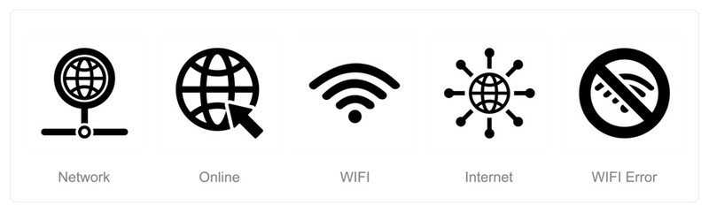 A set of 5 Internet Computer icons as online, wifi, internet, wifi error