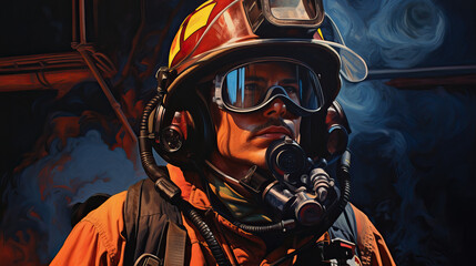 Portrait of a firefighter in overalls, a protective helmet and goggles