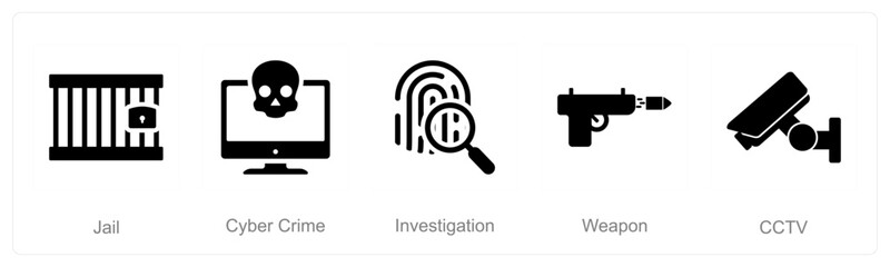 A set of 5 Justice icons as jail, cyber crime, investigation