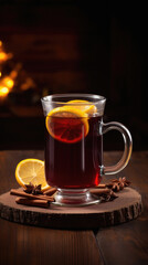 Mulled wine with cinnamon and anise on a wooden background.