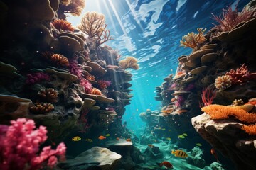 Fototapeta na wymiar Beautiful coral garden with a diversity of hard and soft corals creating an underwater paradise, Generative AI