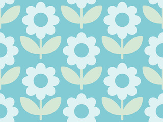 Minimal floral ornament on a teal blue background. Symmetric flowers. Modern wallpaper, fabric print