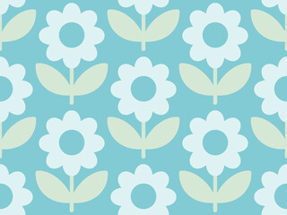 Minimal floral ornament on a teal blue background. Symmetric flowers. Modern wallpaper, fabric print