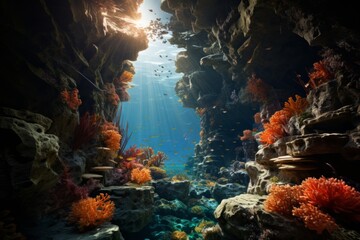 Coral reef drop-off, where the underwater landscape suddenly plunges into the deep blue abyss, Generative AI
