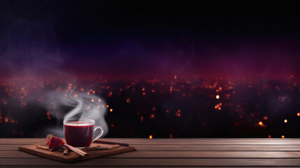 Cup of hot tea with cinnamon on wooden table. Black background.