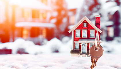 house in the snow. house sales and rentals. mortgage and receipt of keys. composition of house and keys. real estate agents.